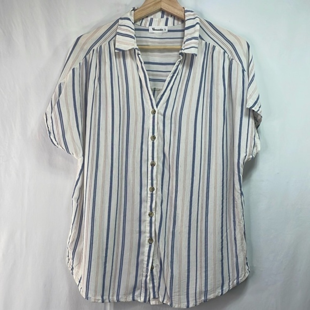 🧢 vernacular red white and blue vertical stripe short sleeve linen blend blouse: